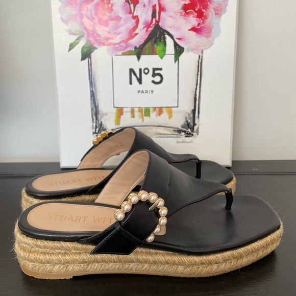 Stuart Weitzman Pearl Buckle Espadrille Thong Sandals Black Sz 7-7.5 - Picture 5 of 10
